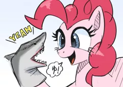 Size: 1280x905 | Tagged: safe, artist:satv12, derpibooru import, pinkie pie, pony, shark, excited, female, hand puppet, happy, mare, simple background, solo, speech bubble, thesharkpuppet, yeah
