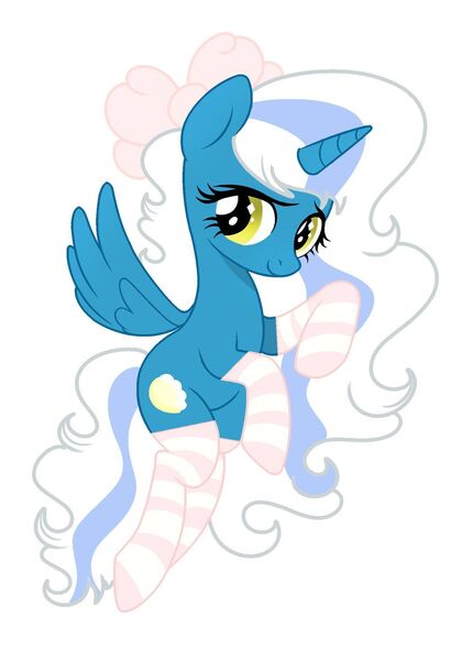 Size: 1024x1464 | Tagged: adorabelle, adorable face, alicorn, alicorn oc, artist:riofluttershy, bow, clothes, cute, derpibooru import, female, flying, hair bow, horn, looking back, mare, oc, oc:fleurbelle, safe, simple background, smiling, smiling at you, socks, striped socks, wavy mane, wavy tail, wings, yellow background