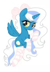 Size: 1024x1464 | Tagged: adorabelle, adorable face, alicorn, alicorn oc, artist:riofluttershy, bow, clothes, cute, derpibooru import, female, flying, hair bow, horn, looking back, mare, oc, oc:fleurbelle, safe, simple background, smiling, smiling at you, socks, striped socks, wavy mane, wavy tail, wings, yellow background