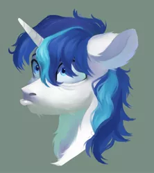 Size: 1796x2026 | Tagged: safe, artist:sofiko-ko, derpibooru import, shining armor, pony, bust, cracked armor, ear fluff, frazzled, green background, head only, male, neck fluff, portrait, pouting, pouty lips, simple background, solo, stallion