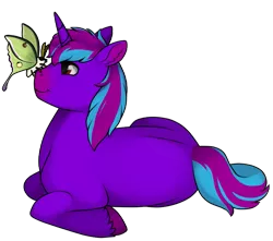 Size: 919x811 | Tagged: safe, artist:69beas, derpibooru import, oc, oc:neon eclipse, unofficial characters only, insect, moth, pony, unicorn, colored hooves, hoof fluff, insect on nose, looking at each other, lying down, male, simple background, smiling, stallion, transparent background