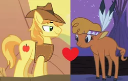 Size: 1200x770 | Tagged: safe, derpibooru import, edit, edited screencap, screencap, braeburn, little strongheart, buffalo, earth pony, pony, over a barrel, braeheart, female, male, shipping, shipping domino, straight