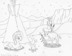 Size: 2775x2161 | Tagged: safe, artist:hickory17, derpibooru import, braeburn, little strongheart, oc, oc:hickory switch, buffalo, earth pony, pony, braeheart, campfire, cowboy hat, female, fire, hat, hickory's journey, male, monochrome, night, scenery, shipping, show accurate, sketch, spear, stallion, stars, stetson, straight, tipi, traditional art, weapon