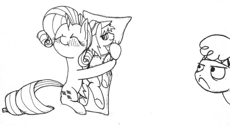 Size: 1280x700 | Tagged: artist:ewoudcponies, black and white, blushing, body pillow, braeburn, braeheart, derpibooru import, eyes closed, female, grayscale, hug, jealous, little strongheart, male, monochrome, rariburn, rarity, safe, shipping, sketch, straight, unamused