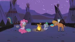 Size: 1280x720 | Tagged: safe, derpibooru import, screencap, little strongheart, pinkie pie, spike, buffalo, dragon, earth pony, pony, over a barrel, bowl, campfire, female, male, mare, mouth hold, night, tipi, turquoise