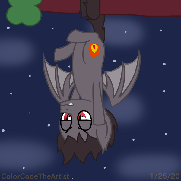 Size: 1536x1536 | Tagged: safe, artist:colorcodetheartist, derpibooru import, ponified, bat pony, pony, bored, damien thorn, dangling, hanging, hanging by tail, hanging upside down, night, south park, tree branch, upside down