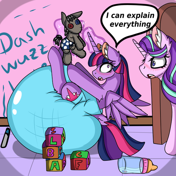 Size: 5000x5000 | Tagged: questionable, artist:cuddlelamb, derpibooru import, smarty pants, starlight glimmer, twilight sparkle, twilight sparkle (alicorn), alicorn, pony, unicorn, absurd resolution, adult foal, baby bottle, blue diaper, blushing, caught, clean diaper, crayon, cubes, diaper, diaper fetish, dock, door, duo, duo female, ear fluff, embarrassed, female, females only, fetish, glowing horn, graffiti, horn, i can explain, image, implied rainbow dash, impossibly large diaper, inflatable diaper, levitation, magic, mare, open mouth, pill, plushie, png, poofy diaper, speech bubble, surprised, telekinesis, wide eyes