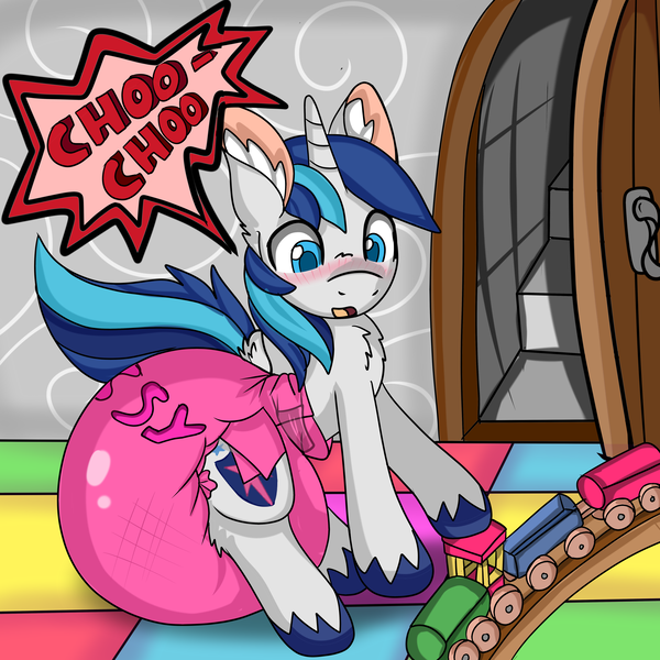Size: 5000x5000 | Tagged: questionable, artist:cuddlelamb, derpibooru import, shining armor, pony, unicorn, fanfic:the tower, absurd resolution, adult foal, blushing, chest fluff, diaper, diaper fetish, dock, door, doorway, ear fluff, fanfic art, fetish, impossibly large diaper, male, onomatopoeia, open door, open mouth, pink diaper, playing, poofy diaper, sissy, solo, solo male, speech bubble, stairs, stallion, toy, toy train, train