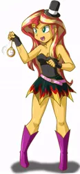 Size: 385x828 | Tagged: safe, artist:danmakuman, derpibooru import, edit, editor:thomasfan45, sunset shimmer, equestria girls, bare shoulders, belt, boots, breasts, cleavage, clothes, cropped, cute, dress, female, fingerless gloves, gloves, hat, high heel boots, hypnosis, hypnotist, miniskirt, open mouth, pendulum swing, pocket watch, sexy, shimmerbetes, shoes, simple background, skirt, sleeveless, solo, strapless, top hat, white background