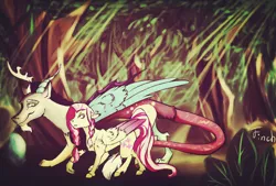 Size: 1280x866 | Tagged: safe, artist:finchina, derpibooru import, discord, fluttershy, draconequus, pegasus, pony, braid, chest fluff, crepuscular rays, cutie mark, duo, female, floppy ears, forest, leg fluff, looking at each other, male, mare, quadrupedal