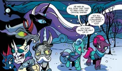 Size: 2650x1546 | Tagged: safe, artist:andypriceart, derpibooru import, idw, accord, glitter drops, king sombra, nightmare rarity, princess celestia, princess luna, queen chrysalis, tempest shadow, changeling, changeling queen, draconequus, pony, unicorn, chaos theory (arc), reflections, spoiler:comic, spoiler:comic67, bag, bare tree, broken horn, clothes, cropped, evil celestia, evil luna, evil sisters, eye scar, facial hair, female, horn, horn jewelry, jewelry, male, mare, moustache, saddle bag, scar, scarf, snow, speech bubble, stallion, tree