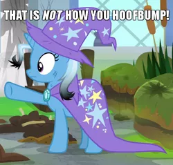 Size: 600x573 | Tagged: safe, derpibooru import, edit, edited screencap, screencap, trixie, pony, unicorn, a horse shoe-in, cape, caption, clothes, cropped, hat, hoofbump, image macro, looking offscreen, meme, pointing, purple eyes, solo, text, trixie yells at everything, wizard hat