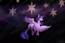 Size: 3000x2000 | Tagged: safe, artist:finchina, derpibooru import, twilight sparkle, twilight sparkle (alicorn), alicorn, pony, cloven hooves, cutie mark, female, galaxy, leonine tail, mare, solo, space, spread wings, stars, surreal, unshorn fetlocks, walking, wings