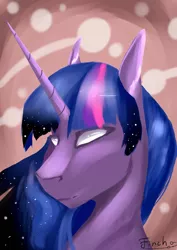 Size: 1700x2400 | Tagged: safe, artist:finchina, derpibooru import, twilight sparkle, pony, abstract background, bust, ethereal mane, female, glowing eyes, mare, solo, starry mane