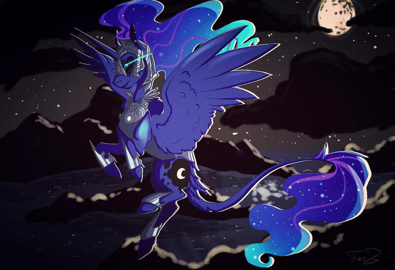 Size: 1900x1300 | Tagged: armor, artist:finchina, cloud, cutie mark, derpibooru import, ethereal mane, face paint, flying, glowing eyes, helmet, jewelry, leonine tail, moon, night, nightmare moon, regalia, safe, solo, spread wings, starry mane, starry night, stars, tail feathers, wings