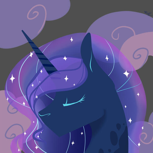 Size: 2449x2449 | Tagged: safe, artist:finchina, derpibooru import, princess luna, pony, bust, cloud, dappled, ethereal mane, eyes closed, female, icon, mare, missing accessory, no mouth, solo, starry mane