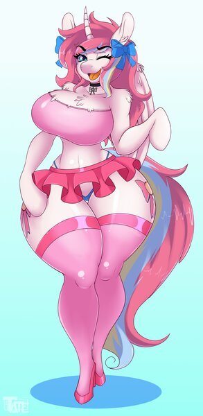 Size: 2002x4096 | Tagged: alicorn, alicorn oc, anthro, arm hooves, artist:tatemil, bandeau, butt, cameltoe, chest fluff, cleavage fluff, clothes, collar, crossdressing, cutie mark collar, derpibooru import, disproportional anatomy, excessive chest fluff, femboy, hair ribbon, high heels, horn, huge butt, impossibly large chest fluff, impossibly wide hips, large butt, male, miniskirt, oc, oc:nekonin, panties, questionable, shoes, skirt, socks, stockings, thigh highs, thighs, thong, trap, underwear, unofficial characters only, upskirt, wide hips, wings