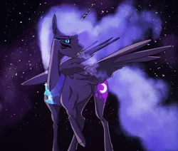 Size: 2400x2036 | Tagged: safe, artist:finchina, derpibooru import, nightmare moon, alicorn, pony, black sclera, commission, cutie mark, ear fluff, ethereal mane, eye glint, face paint, fangs, female, galaxy, glowing eyes, mare, missing accessory, open mouth, peytral, raised hoof, solo, stars