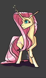 Size: 1024x1721 | Tagged: safe, artist:finchina, derpibooru import, fluttershy, pony, unicorn, leak, spoiler:g5, curved horn, cutie mark, female, floppy ears, fluttershy (g5), g5, glowing horn, gray background, horn, long tail, mare, raised hoof, simple background, smiling, solo, unicorn fluttershy