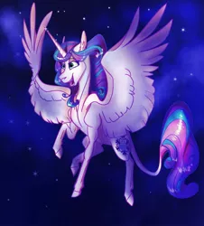 Size: 1024x1134 | Tagged: safe, alternate version, artist:finchina, derpibooru import, princess flurry heart, alicorn, pony, cloud, cutie mark, female, flying, leonine tail, mare, night, older, older flurry heart, open mouth, solo, spread wings, stars, wings