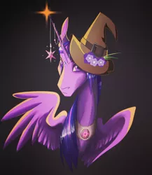 Size: 1647x1898 | Tagged: safe, artist:finchina, derpibooru import, twilight sparkle, twilight sparkle (alicorn), alicorn, pony, bust, emotionless, female, flower, gradient background, hat, horn, horn jewelry, jewelry, looking at you, mare, peytral, solo, spread wings, stern, wings, wizard hat