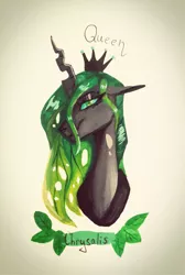 Size: 1024x1526 | Tagged: artist:finchina, bust, changeling, changeling queen, crown, derpibooru import, eye clipping through hair, female, floppy ears, green changeling, jewelry, lidded eyes, limited palette, looking at you, queen chrysalis, regalia, safe, simple background, solo, stray strand, traditional art, white background