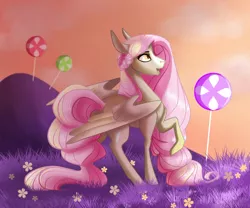Size: 1024x854 | Tagged: safe, artist:finchina, derpibooru import, oc, unofficial characters only, pegasus, pony, braid, candy, candyland, commission, female, food, long mane, long tail, mare, open mouth, profile, raised hoof, solo, spread wings, wings