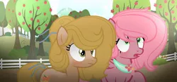 Size: 1024x478 | Tagged: safe, artist:bluerosearrow, artist:manella-art, derpibooru import, oc, oc:apple blossom, oc:peach cream, pony, apple, apple tree, base used, confused, cousins, female, fence, food, freckles, jewelry, looking offscreen, necklace, next generation, offspring, parent:applejack, parent:big macintosh, parent:caramel, parent:fluttershy, parents:carajack, parents:fluttermac, ribbon, tree, wings