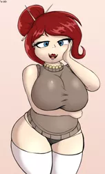 Size: 3488x5730 | Tagged: ara ara, artist:an-tonio, bedroom eyes, big breasts, blushing, breasts, busty golden brooch, chubby, clothes, colored, color edit, derpibooru import, edit, female, hair bun, human, humanized, lipstick, looking at you, milf, oc, oc:golden brooch, panties, socks, solo, solo female, suggestive, sweat, thong, underwear, wide hips