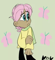 Size: 732x800 | Tagged: artist:mirabuncupcakes15, butterscotch, clothes, dark skin, derpibooru import, fluttershy, green background, human, humanized, jeans, male, pants, rule 63, safe, scarf, simple background, solo, sweater