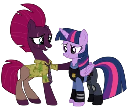 Size: 12012x10137 | Tagged: safe, artist:ejlightning007arts, derpibooru import, edit, tempest shadow, twilight sparkle, twilight sparkle (alicorn), alicorn, unicorn, my little pony: the movie, base used, broken horn, clothes, cosplay, costume, eye scar, female, fixed, hawaiian shirt, hoof on shoulder, horn, judy hopps, lesbian, mare, necktie, nick wilde, police, police officer, police uniform, scar, second version, shipping, shirt, simple background, smiling, tempestlight, transparent background, vector, zootopia