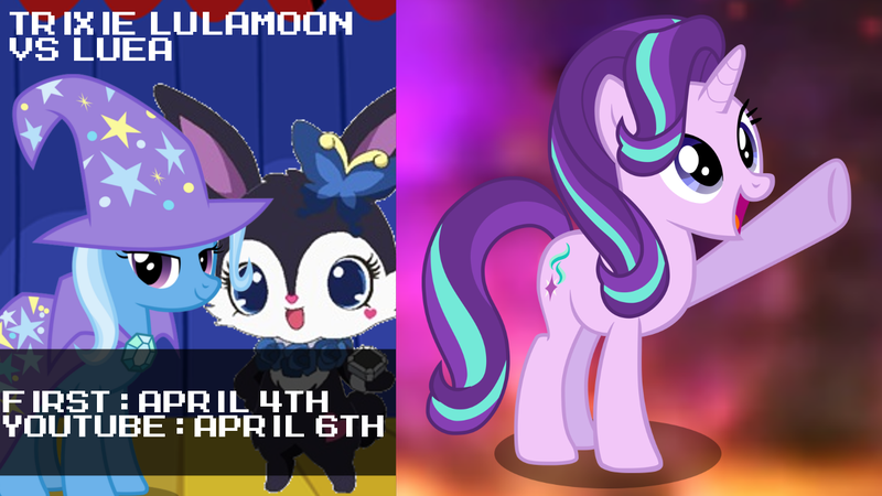 Size: 1192x670 | Tagged: safe, artist:mega-poneo, derpibooru import, starlight glimmer, trixie, pony, rabbit, unicorn, animal, cape, clothes, crossover, death battle, exploitable meme, female, hat, jewelpet, luea, mare, mega poneo strikes again, meme, sanrio, sega, trixie's cape, trixie's hat