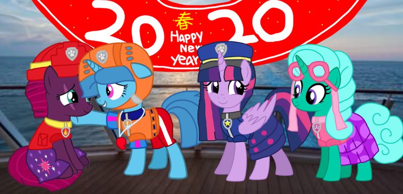 Size: 2186x1054 | Tagged: safe, artist:徐詩珮, derpibooru import, fizzlepop berrytwist, glitter drops, spring rain, tempest shadow, twilight sparkle, twilight sparkle (alicorn), alicorn, unicorn, series:sprglitemplight diary, series:sprglitemplight life jacket days, series:springshadowdrops diary, series:springshadowdrops life jacket days, alternate universe, base used, bisexual, broken horn, clothes, cute, equestria girls outfit, female, glitterbetes, glitterlight, glittershadow, happy new year, happy new year 2020, holiday, horn, lesbian, lifeguard, lifeguard spring rain, paw patrol, polyamory, shipping, sprglitemplight, springbetes, springdrops, springlight, springshadow, springshadowdrops, swimsuit, tempestbetes, tempestlight