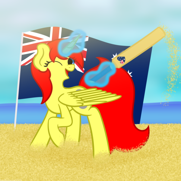 Size: 2500x2500 | Tagged: safe, artist:embroidered equations, derpibooru import, oc, oc:spheres, alicorn, pony, alicon, australia, australia day, australian flag, beach, commission, convention:alicon, cricket bat, flag, magic, sand, solo