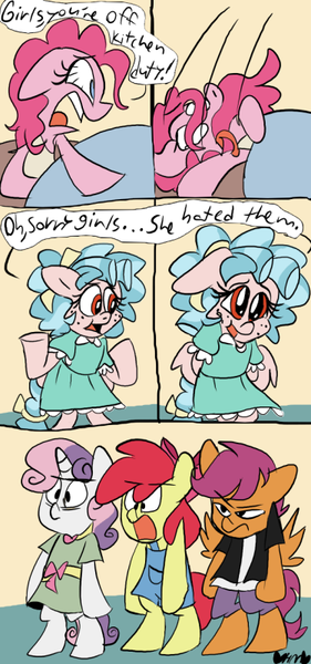 Size: 375x800 | Tagged: safe, artist:mirabuncupcakes15, derpibooru import, apple bloom, cozy glow, pinkie pie, scootaloo, sweetie belle, earth pony, pegasus, pony, unicorn, comic:cozy glow bakes, apple bloom is not amused, apple bloom's bow, apron, bed, belt, bipedal, bloodshot eyes, bow, clothes, comic, dress, female, filly, freckles, hair bow, jacket, leather jacket, mare, open mouth, pure concentrated unfiltered evil of the utmost potency, pure unfiltered evil, raised hoof, scootaloo is not amused, shirt, shorts, sweetie belle is not amused, t-shirt, tongue out, unamused