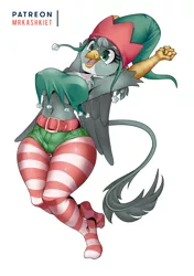 Size: 846x1200 | Tagged: suggestive, artist:mrkashkiet, derpibooru import, gabby, anthro, gryphon, armpits, beak, belt, big breasts, booty shorts, breasts, busty gabby, christmas, clothes, elf costume, erect nipples, female, happy, holiday, image, midriff, nipple outline, open beak, open mouth, png, raised arms, socks, solo, stockings, striped socks, tail, thigh highs, thighs, thunder thighs, underboob, wide hips, wings