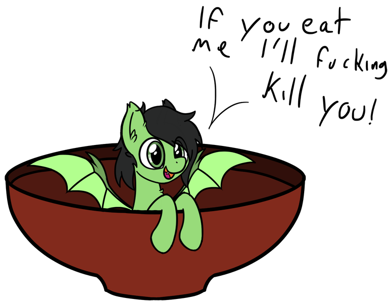 Size: 1542x1204 | Tagged: safe, artist:czu, derpibooru import, edit, oc, oc:anonfilly, unofficial characters only, bat pony, pony, bat ponified, bat pony oc, bat soup, bat wings, bowl, chest fluff, coronavirus, covid-19, crossing the line twice, cute, ear fluff, ear tufts, fangs, female, filly, grimcute, implied vore, meme, ocbetes, open mouth, pony as food, race swap, simple background, smiling, solo, spread wings, text, too soon, vore denied, vulgar, we are going to hell, wings