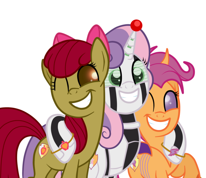 Size: 2046x1774 | Tagged: safe, alternate version, artist:squipycheetah, derpibooru import, apple bloom, scootaloo, sweetie belle, changedling, changeling, changepony, earth pony, hybrid, pony, robot, robot pony, undead, unicorn, zombie, zombie pony, fanfic:undead robot bug crusaders, story of the blanks, alternate cutie mark, blanked apple bloom, changedlingified, changelingified, cutie mark, cutie mark crusaders, female, grin, happy, hug, lesbian, mare, older, older apple bloom, older cmc, older scootaloo, older sweetie belle, one eye closed, polyamory, scootabelle, scootabloom, scootaling, shipping, simple background, smiling, species swap, sweetie bot, sweetiebloom, sweetiebloomaloo, the cmc's cutie marks, transparent background, trio, wedding band