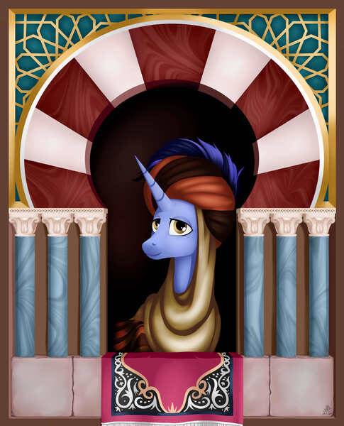 Size: 4645x5748 | Tagged: arch, architecture, artist:poecillia-gracilis19, bust, carpet, derpibooru import, geometric, hoo'far, male, portrait, road to friendship, saddle arabian, safe, season 8, spoiler:s08, stallion