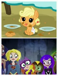 Size: 3106x4096 | Tagged: safe, derpibooru import, edit, screencap, applejack, pony, apple family reunion, baby, baby pony, babyjack, batgirl, bumblebee, dc superhero girls, foal, green lantern, supergirl, wonder woman, younger, zatanna