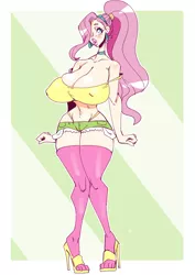Size: 1240x1754 | Tagged: suggestive, artist:scarfyace, derpibooru import, fluttershy, bat pony, human, abstract background, alternate hairstyle, belly button, big breasts, bimbo, blushing, breasts, busty fluttershy, choker, clothes, daisy dukes, ear piercing, earring, erect nipples, eyeshadow, female, flutterbat, full body, hair over one eye, heart eyes, high heels, huge breasts, humanized, jewelry, lips, lipstick, makeup, midriff, nipple outline, panties, piercing, pink eyeshadow, pink lipstick, ponytail, race swap, shoes, shorts, sluttershy, socks, solo, solo female, standing, thigh highs, thong, underwear, wingding eyes