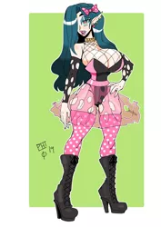 Size: 1240x1754 | Tagged: suggestive, artist:scarfyace, derpibooru import, queen chrysalis, human, abstract background, bimbo, blue eyeshadow, boots, bow, breasts, busty queen chrysalis, choker, clothes, ear piercing, earring, eyeshadow, female, fishnets, full body, goth, hair bow, hair over one eye, heart, heart eyes, high heel boots, high heels, humanized, jewelry, lipstick, makeup, piercing, pink lipstick, reversalis, see-through, shoes, skirt, socks, solo, solo female, standing, thigh highs, torn clothes, wingding eyes