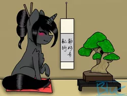 Size: 900x675 | Tagged: safe, artist:jynx6661, derpibooru import, oc, oc:ebony darkness, unicorn, bonsai tree, cute, female, filly