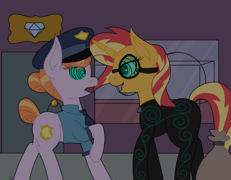 Size: 877x684 | Tagged: safe, artist:queenwildfire2k18, derpibooru import, copper top, sunset shimmer, oc, oc:mez-mare-a, pony, unicorn, gem, goggles, hypnosis, hypnotized, museum, police pony, power ponies oc, supervillain, swirly eyes, thief, villainess