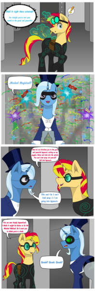 Size: 512x1561 | Tagged: artist:zeronitroman, behaving like a duck, bird, comic, derpibooru import, dramatic entrance, duck, goggles, great and powerful, hypnosis, hypnotized, oc, oc:mez-mare-a, power ponies, power ponies oc, quack, safe, superhero, supervillain, swirly eyes, trixie, villainess