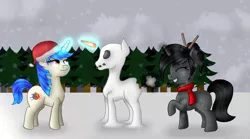 Size: 970x538 | Tagged: safe, artist:queenwildfire2k18, derpibooru import, oc, oc:blissful trance, oc:ebony darkness, pony, unicorn, carrot, christmas, clothes, cute, female, filly, food, fun, hat, holiday, image, png, santa hat, scarf, snow, snow field, snowpony
