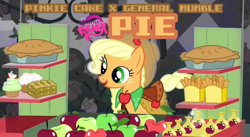 Size: 1920x1052 | Tagged: safe, artist:poowis, derpibooru import, applejack, earth pony, pony, the best night ever, apple, apple fries, apple fritter (food), apple pie, caramel apple (food), cover art, cupcake, cute, female, food, food stand, french fries, jackabetes, mare, my little remix, pie, pinkie cake, soda, solo, text