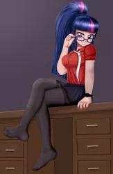 Size: 1300x2000 | Tagged: safe, artist:focusb, derpibooru import, sci-twi, twilight sparkle, human, equestria girls, adorasexy, breasts, busty sci-twi, busty twilight sparkle, clothes, crossed legs, cute, desk, digital art, female, glasses, human coloration, humanized, legs, looking at you, missing shoes, nail polish, necktie, pantyhose, ponytail, sexy, shirt, sitting, skirt, smiling, solo, stocking feet, twiabetes, watch, wristwatch