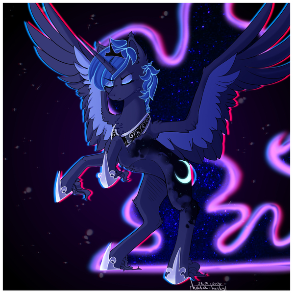 Size: 2049x2049 | Tagged: safe, artist:wolfythewolf555, derpibooru import, princess luna, alicorn, pony, chest fluff, digital art, ear fluff, eyes closed, female, mare, rearing, unshorn fetlocks