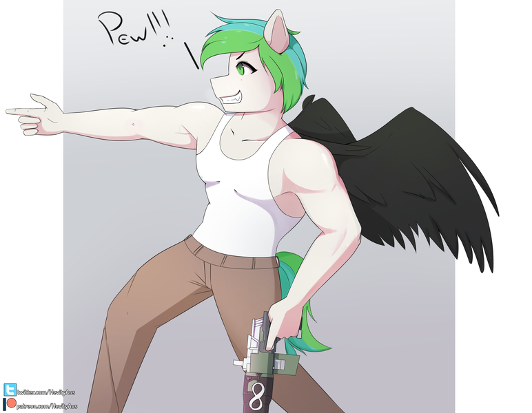 Size: 2894x2250 | Tagged: safe, artist:hevityaus, derpibooru import, oc, oc:looic, anthro, pegasus, armpits, male, solo, weapon